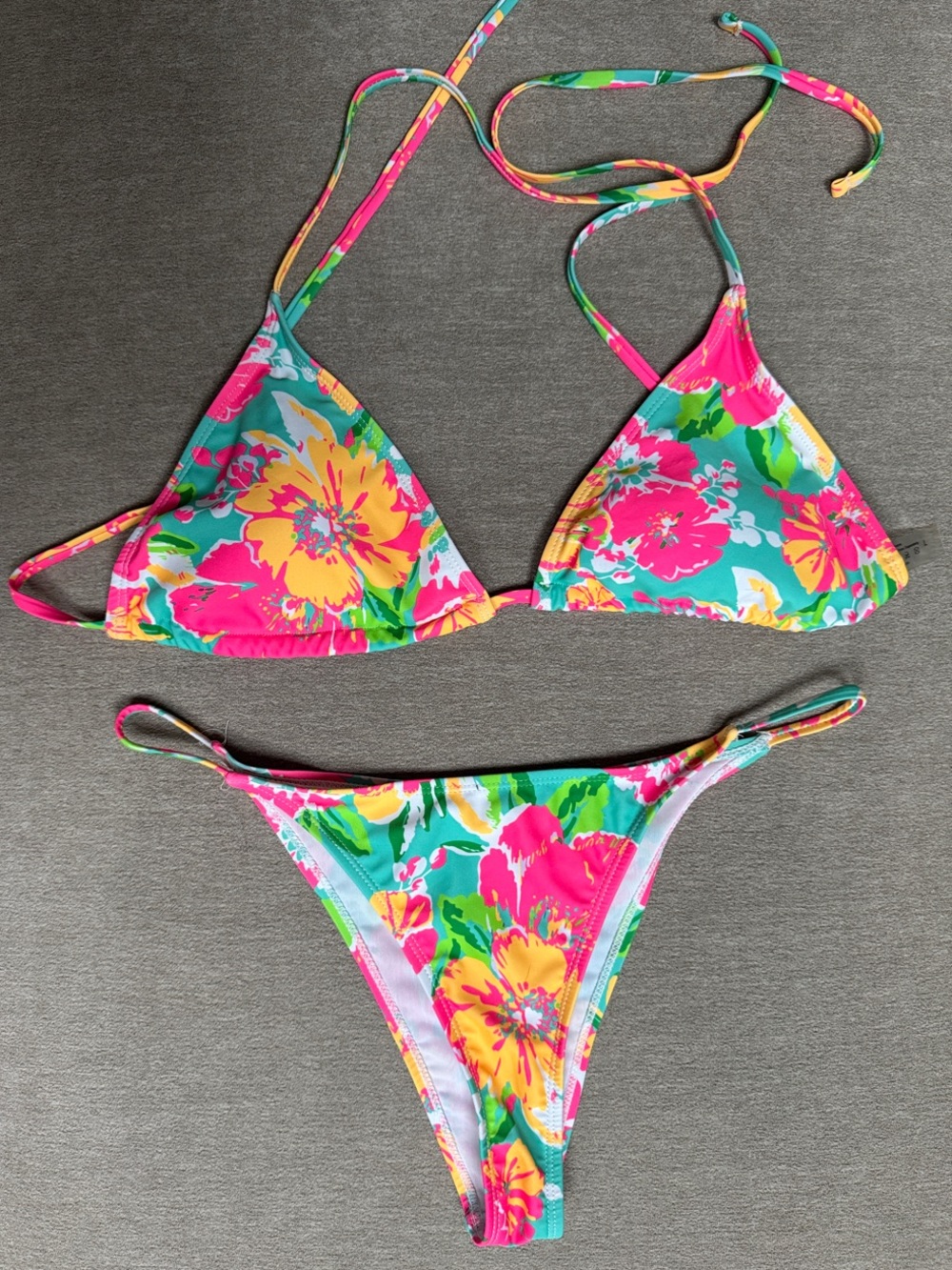 Floral Triangle Bikini Set in Teal, Hot Pink & Yellow